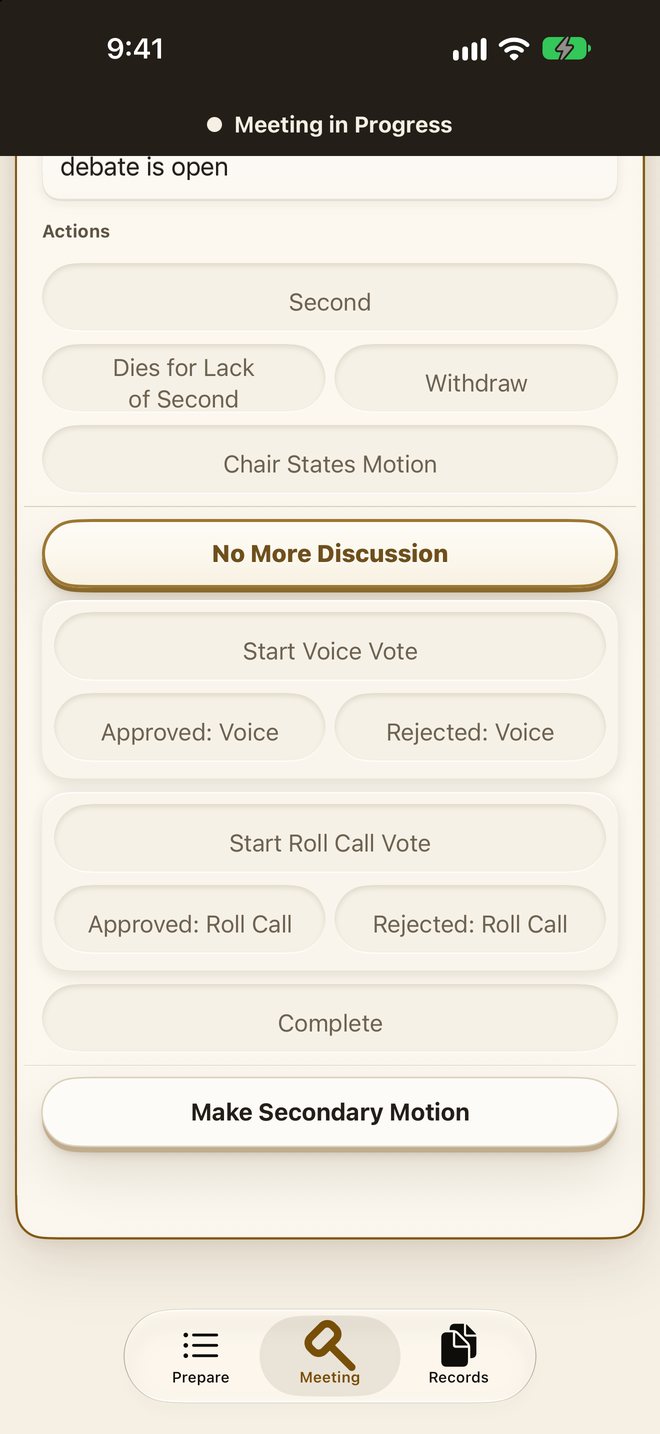 Robot’s Rules on iPhone: the stated main motion with the available actions; moves that aren’t in order are dimmed.